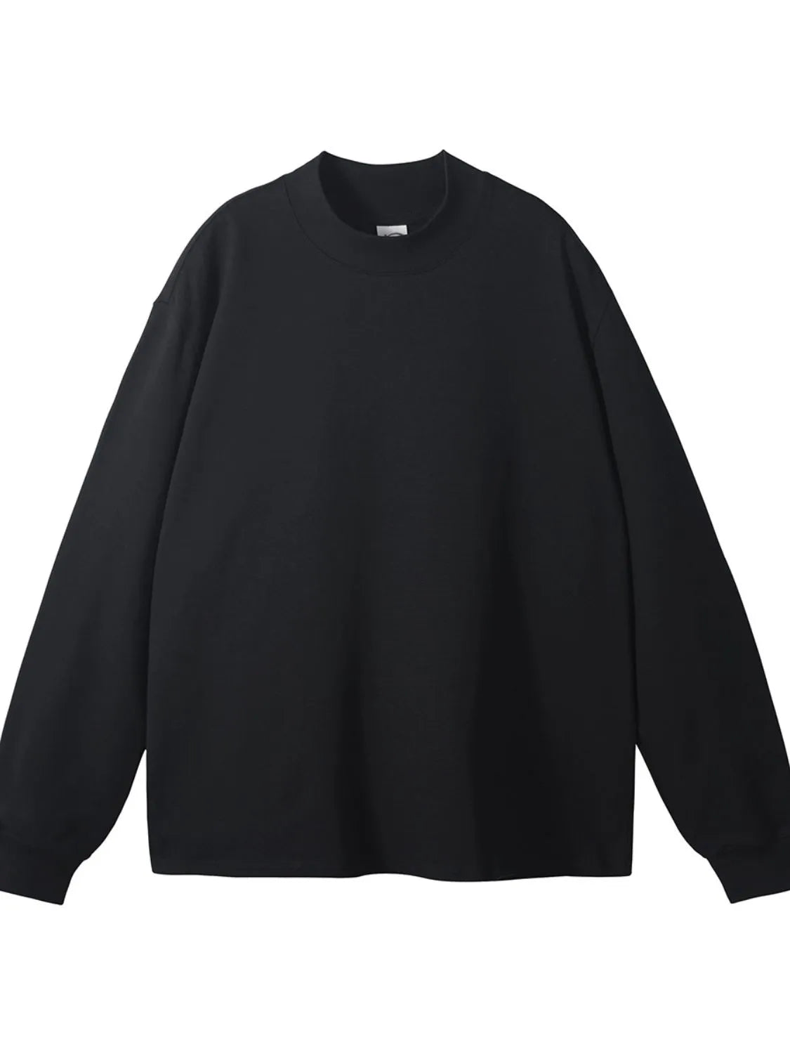 Black oversized crewneck long sleeve t-shirt with a mock neck detail.