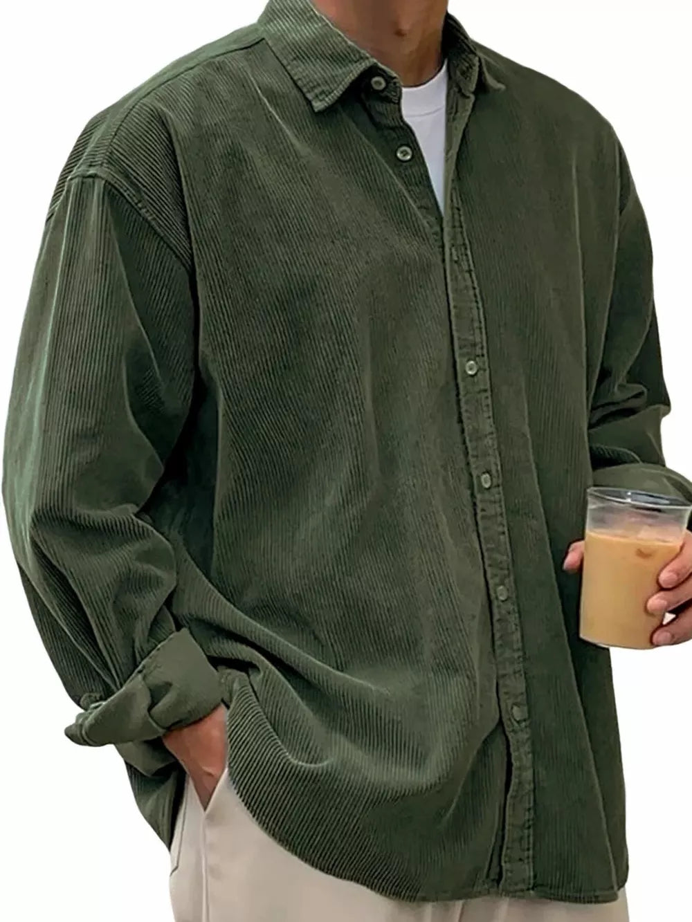 Men's green corduroy long sleeve button-down shirt with a relaxed fit.