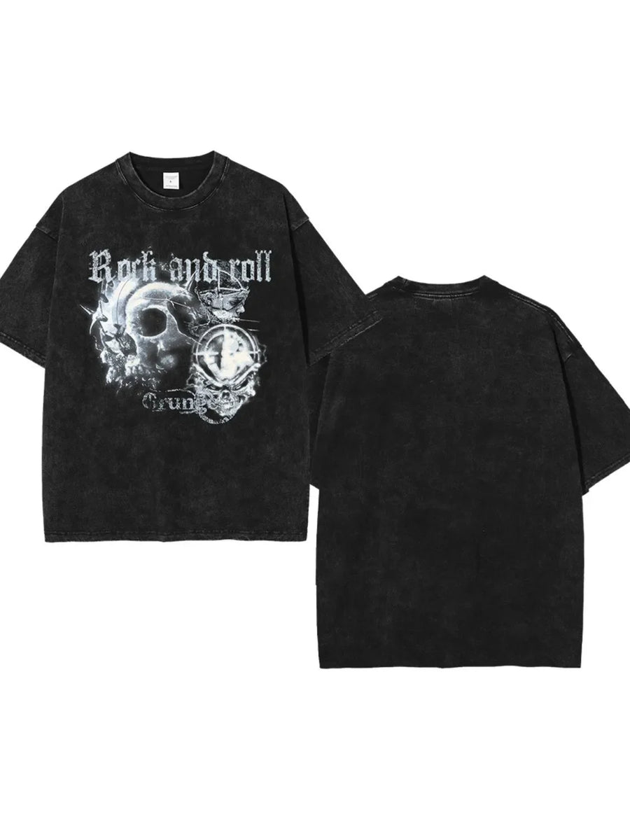 Black vintage rock graphic tee with skull and "Rock and roll" text.