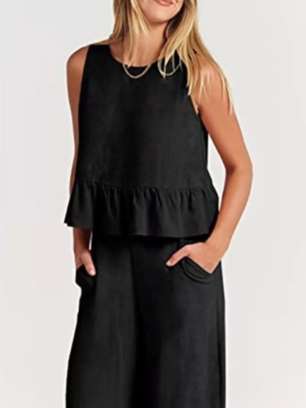 Gray Blue Ruffled Hem Sleeveless Top And Wide-leg Pants Set Plus Size