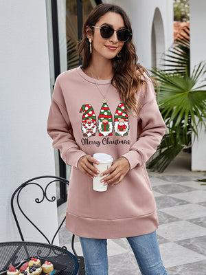 Dusty Pink tunic sweatshirt with Christmas gnomes and Merry Christmas graphic.