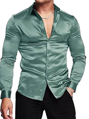 Satin finish slim fit button-down shirt in green with a deep V-neck and long sleeves.