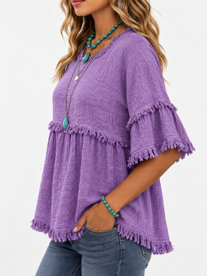 Full Size Frayed Edge Textured Blouse Plus Size in Light Blue with fringe