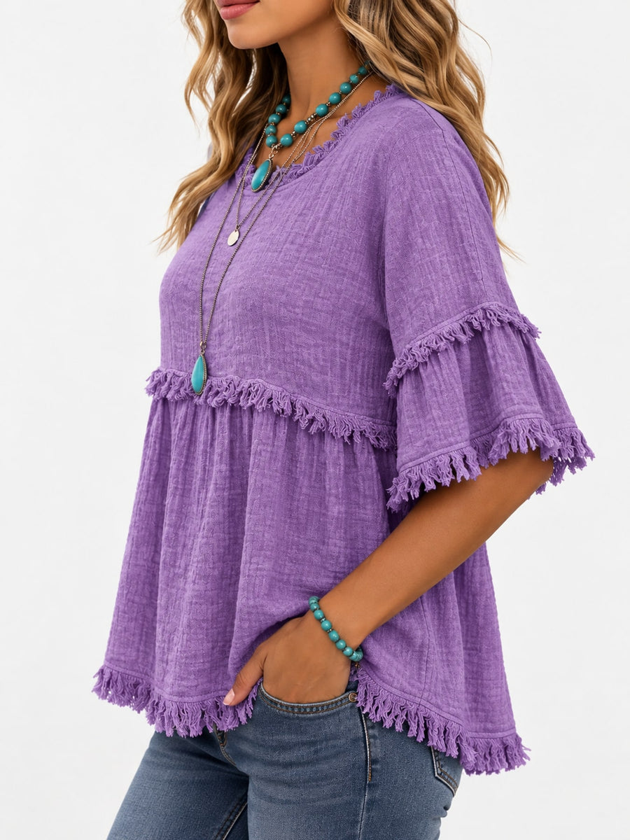 Full Size Frayed Edge Textured Blouse Plus Size in Light Blue with fringe