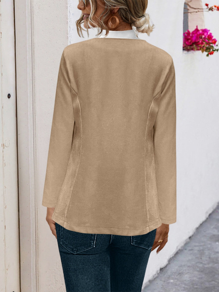 Camel suede-effect open front blazer with long sleeves and a relaxed fit.