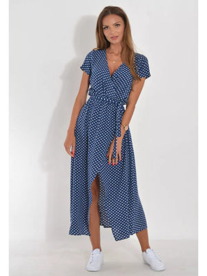 Blue polka dot wrap maxi dress with short sleeves and a high slit.