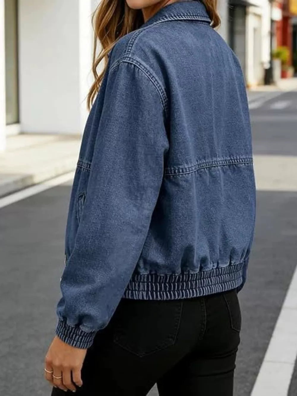 medium blue denim jacket with waist-length and zip-front