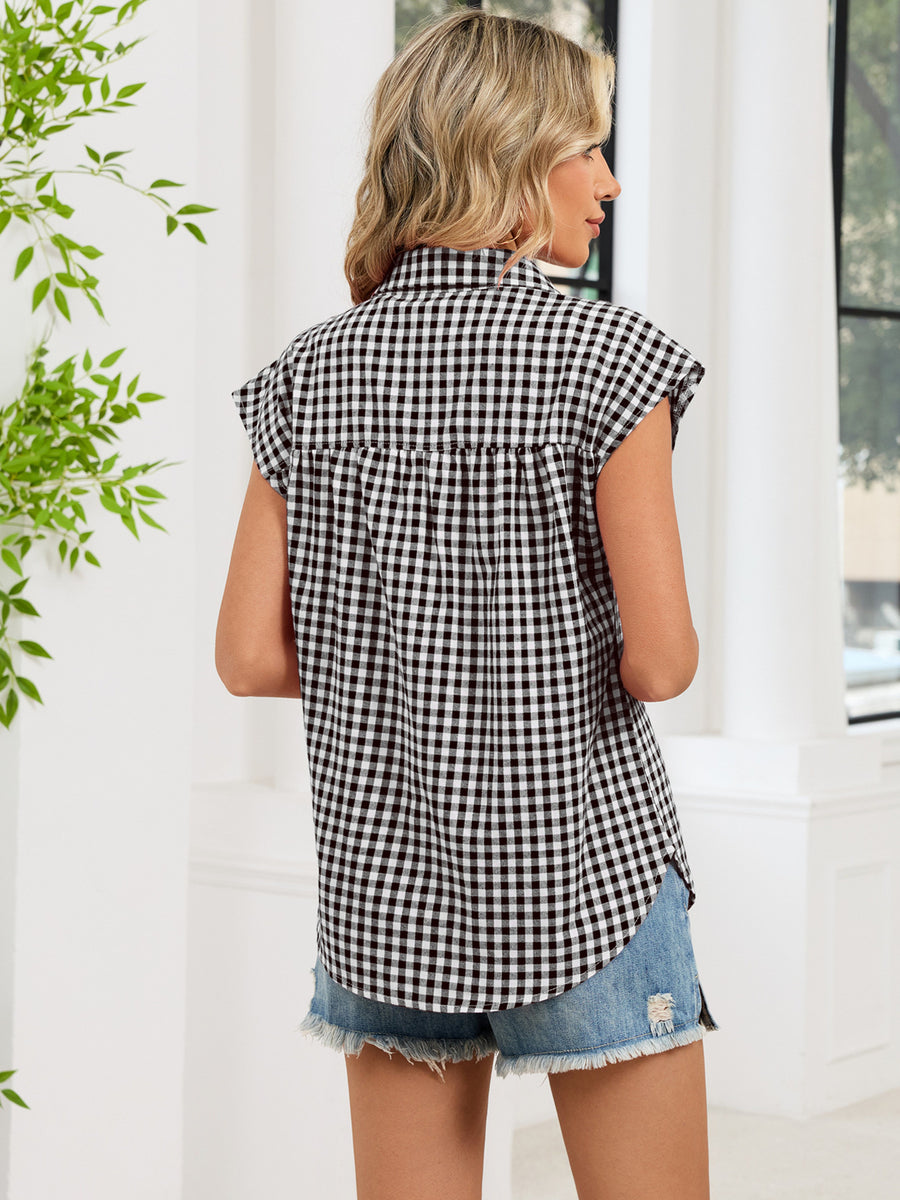 Plaid Button Up Cap Sleeve Shirt in Blue, view 19