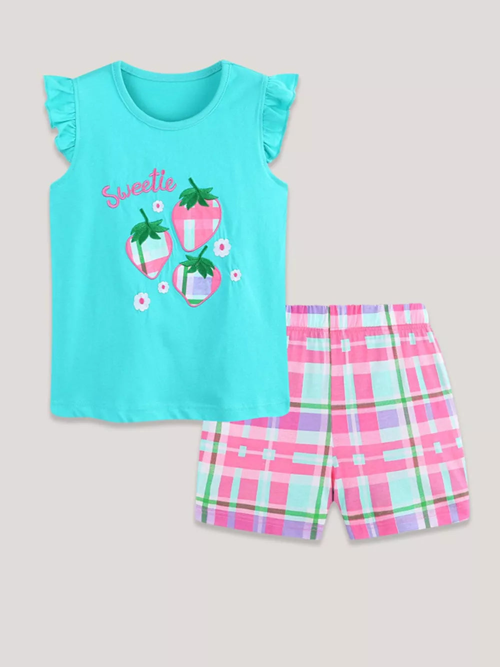 Toddler girls' turquoise set with strawberry embroidery and ruffled sleeves, paired with pink plaid shorts.
