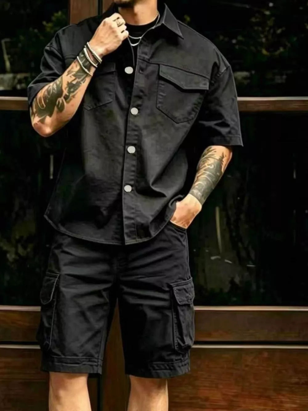 streetwear button-up shirt in Navy with collared