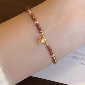 Lightweight 18k Gold-plated Beaded Charm Bracelet in reddish brown with beaded