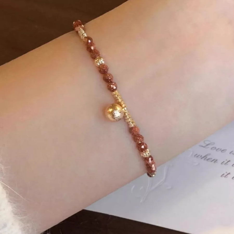 Lightweight 18k Gold-plated Beaded Charm Bracelet in reddish brown with beaded