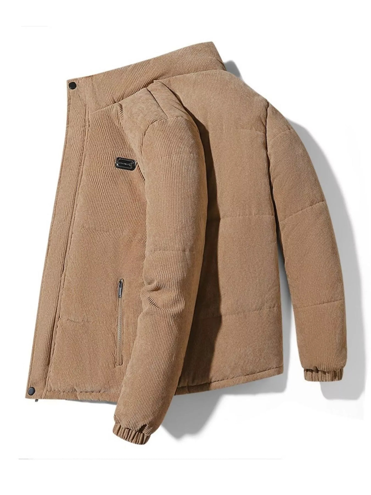 Men's khaki corduroy puffer jacket with zip pocket detail