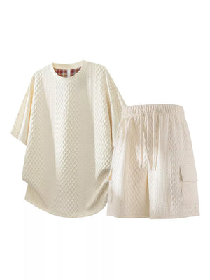 Light Green Men's Plus Size Textured Casual Top And Shorts Set