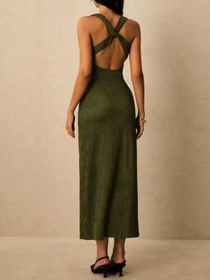 Olive ribbed midi dress with crisscross back detail and open back.