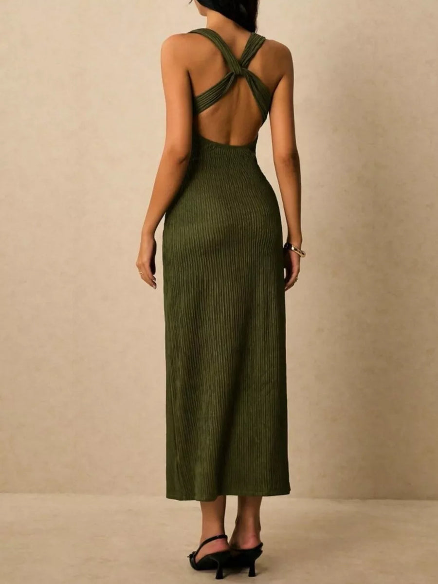 Olive ribbed midi dress with crisscross back detail and open back.