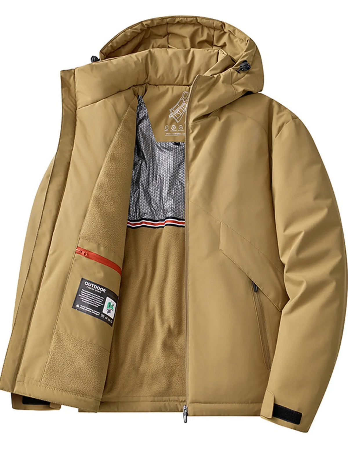 Khaki hooded windbreaker jacket with fleece lining and interior pocket detail.