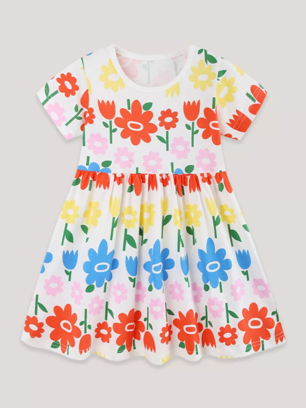 Toddler cotton dress with colorful floral print, short sleeves, and gathered waist.