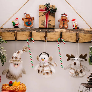 Knitted Christmas ornaments: Santa, snowman, reindeer, candy canes, gingerbread man, and gift.