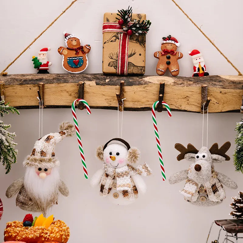 Knitted Christmas ornaments: Santa, snowman, reindeer, candy canes, gingerbread man, and gift.