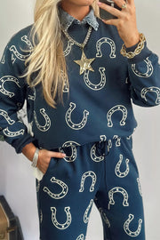 ivory lounge set featuring drawstring waist and horseshoe print