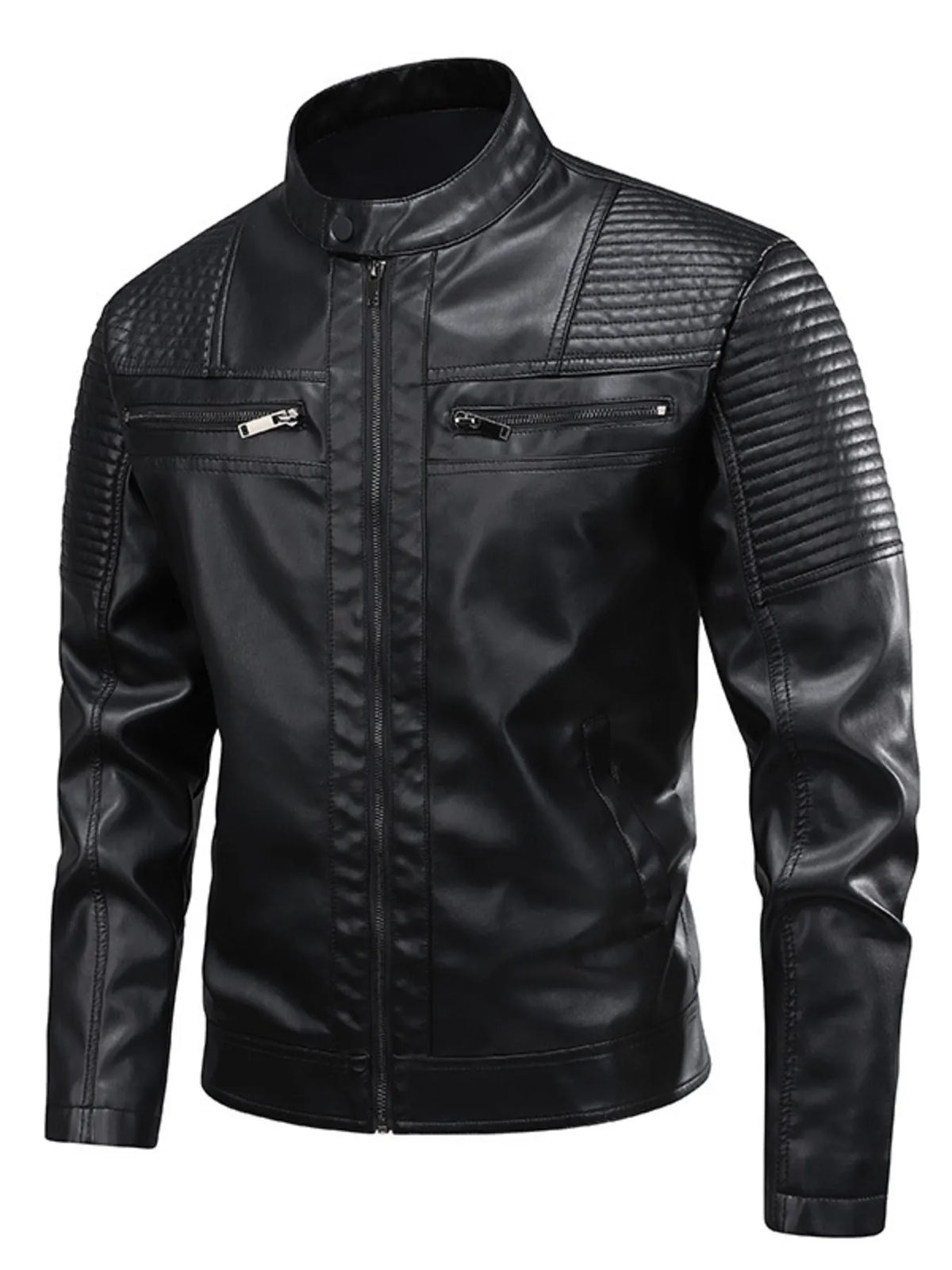 Black leather motorcycle jacket with quilted shoulder and sleeve details and zippered pockets.