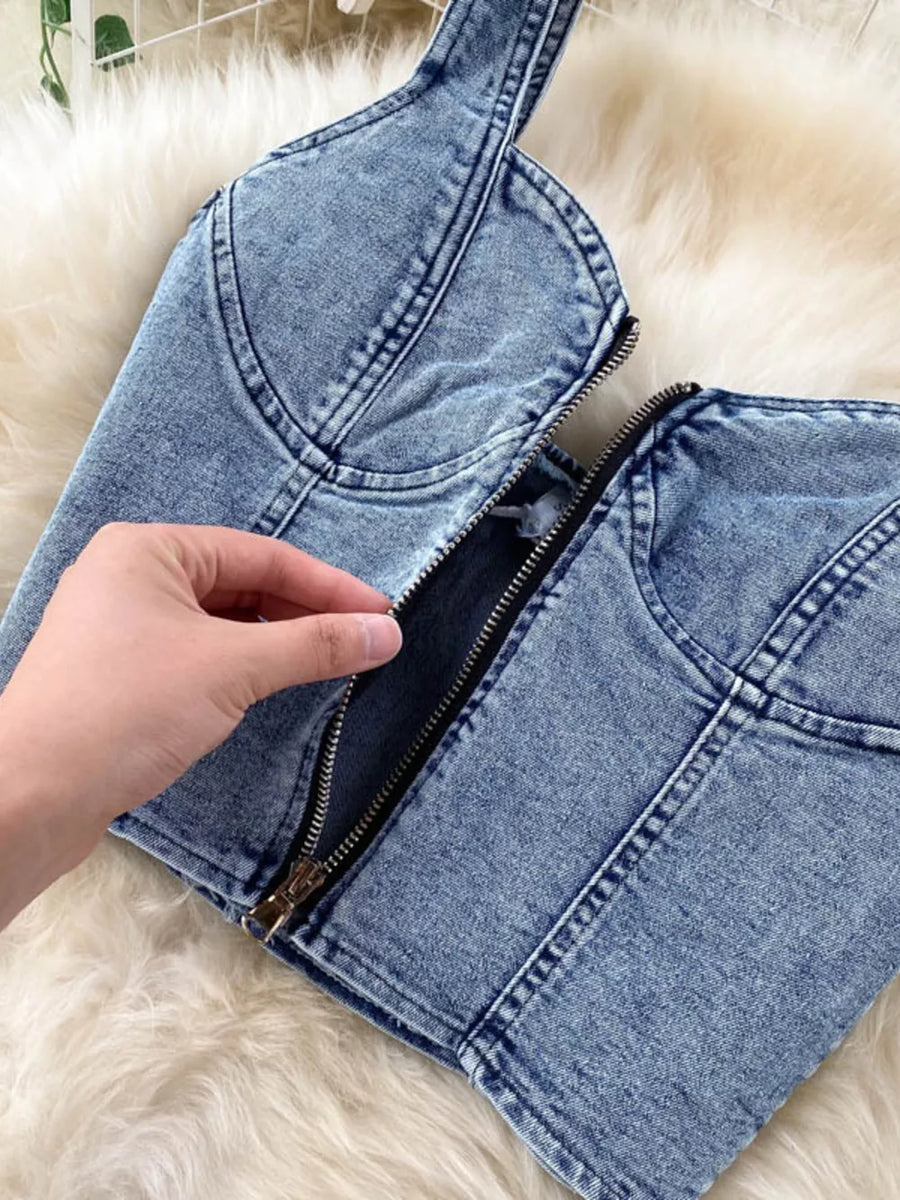 Chic acid wash denim bustier crop top with front zipper detail