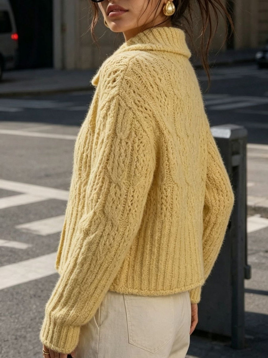 Yellow cardigan with button-front and cable knit
