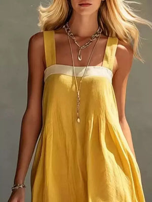 Color-block Sleeveless Linen-blend Midi Dress in Yellow with wide straps