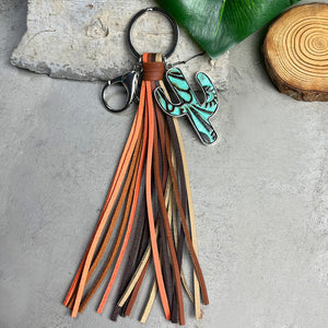 Leather keyring with cactus charm and multi-color tassels