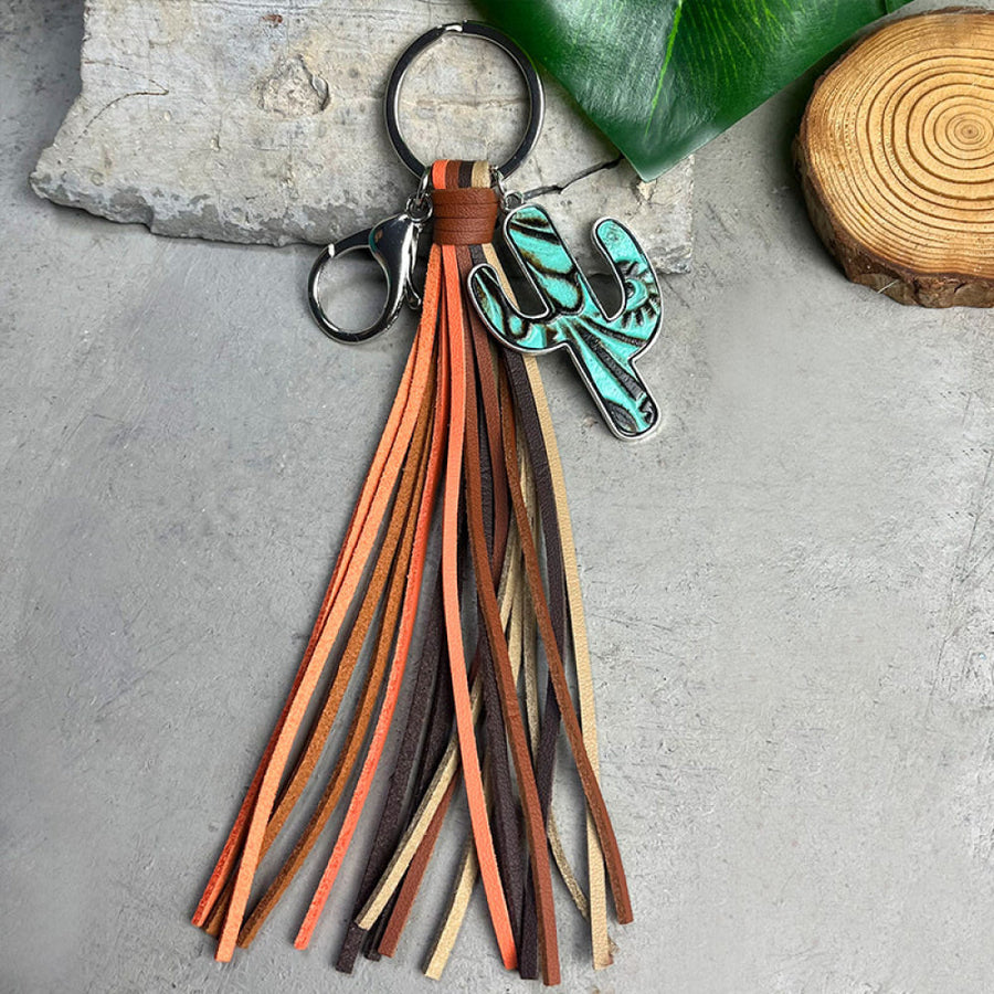 Leather keyring with cactus charm and multi-color tassels