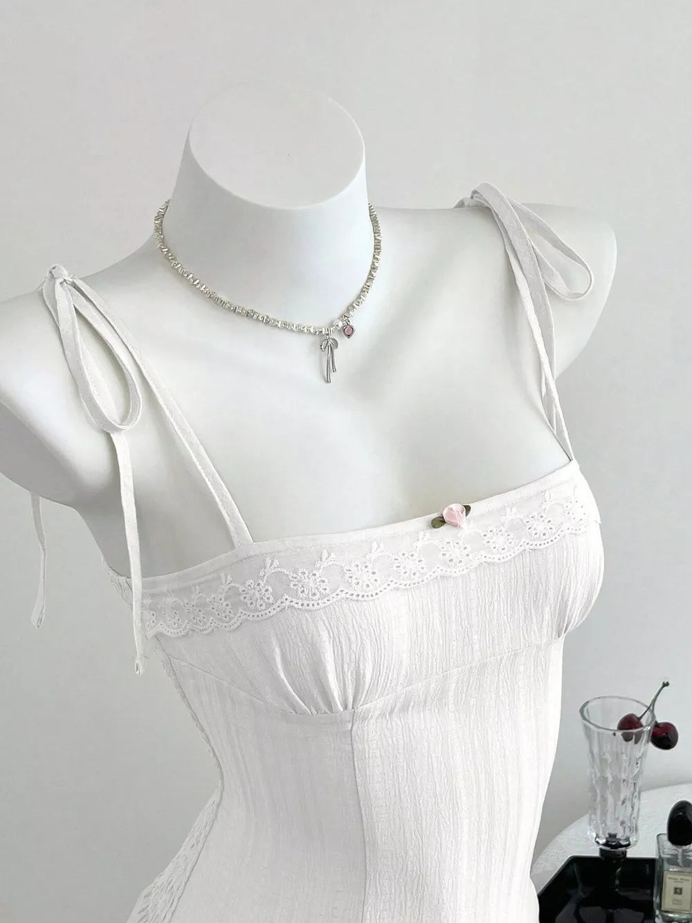 Lace-trimmed Tie Shoulder Cami in White with smocked