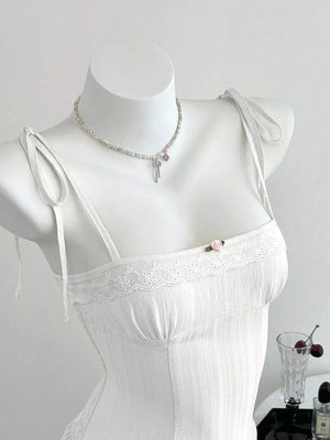 Lace-trimmed Tie Shoulder Cami in White with smocked