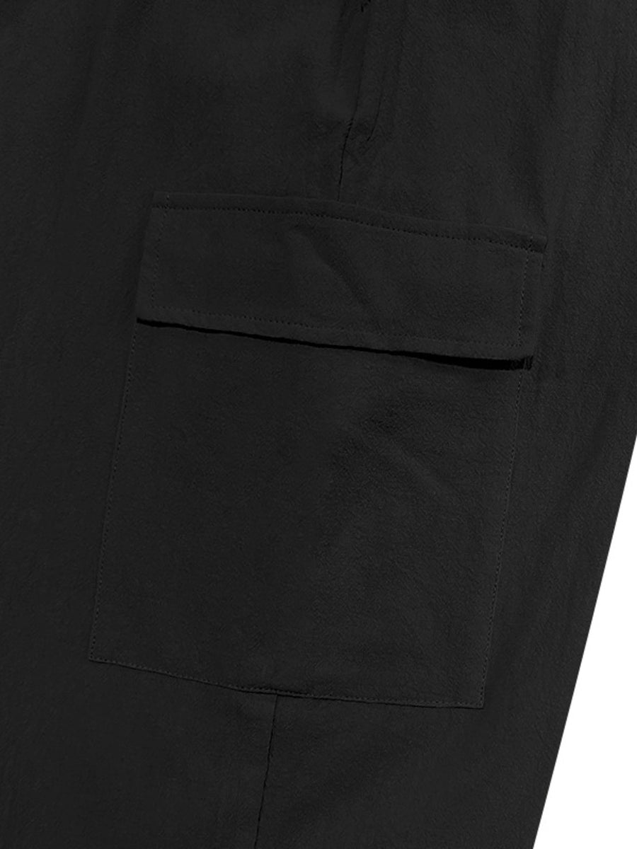 Black cargo pants with a flap pocket and drawstring detail.