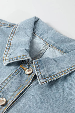 Light wash denim trucker jacket with button-down front and contrast stitching.