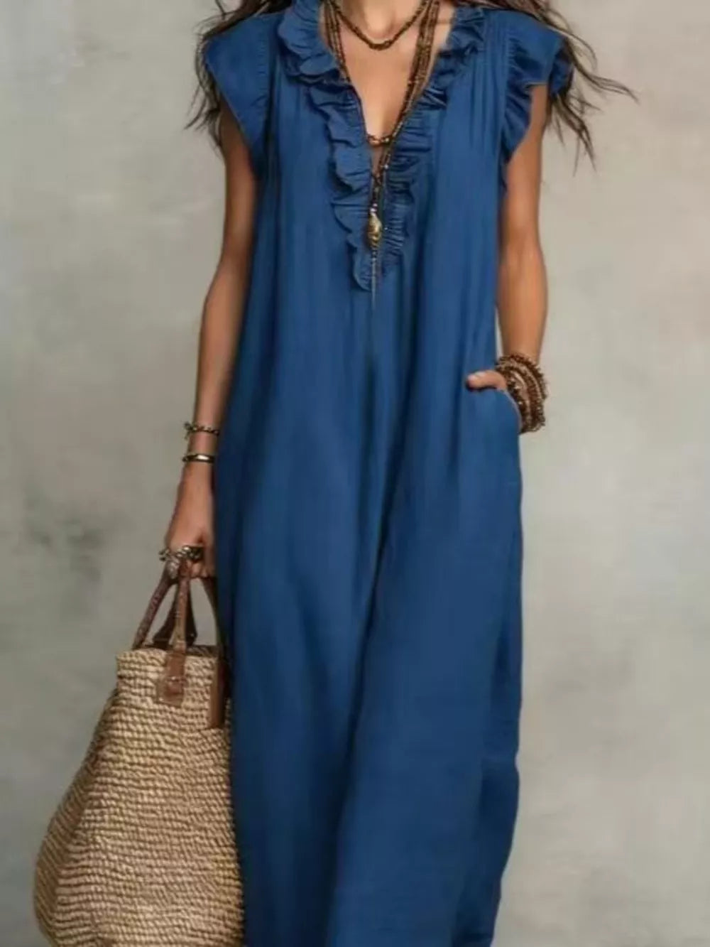 Brown Bohemian Ruffle Neck Maxi Dress Plus Size
