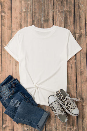 White basic tee with twisted hem and cuffed sleeves