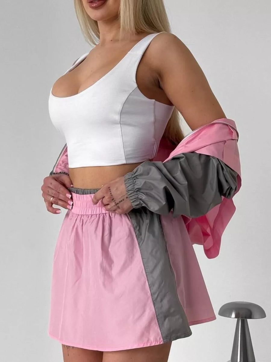 Pink Color Block Cropped Jacket And Skirt Set