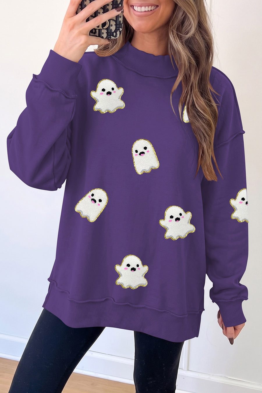 purple tunic with ghost print and mock neck
