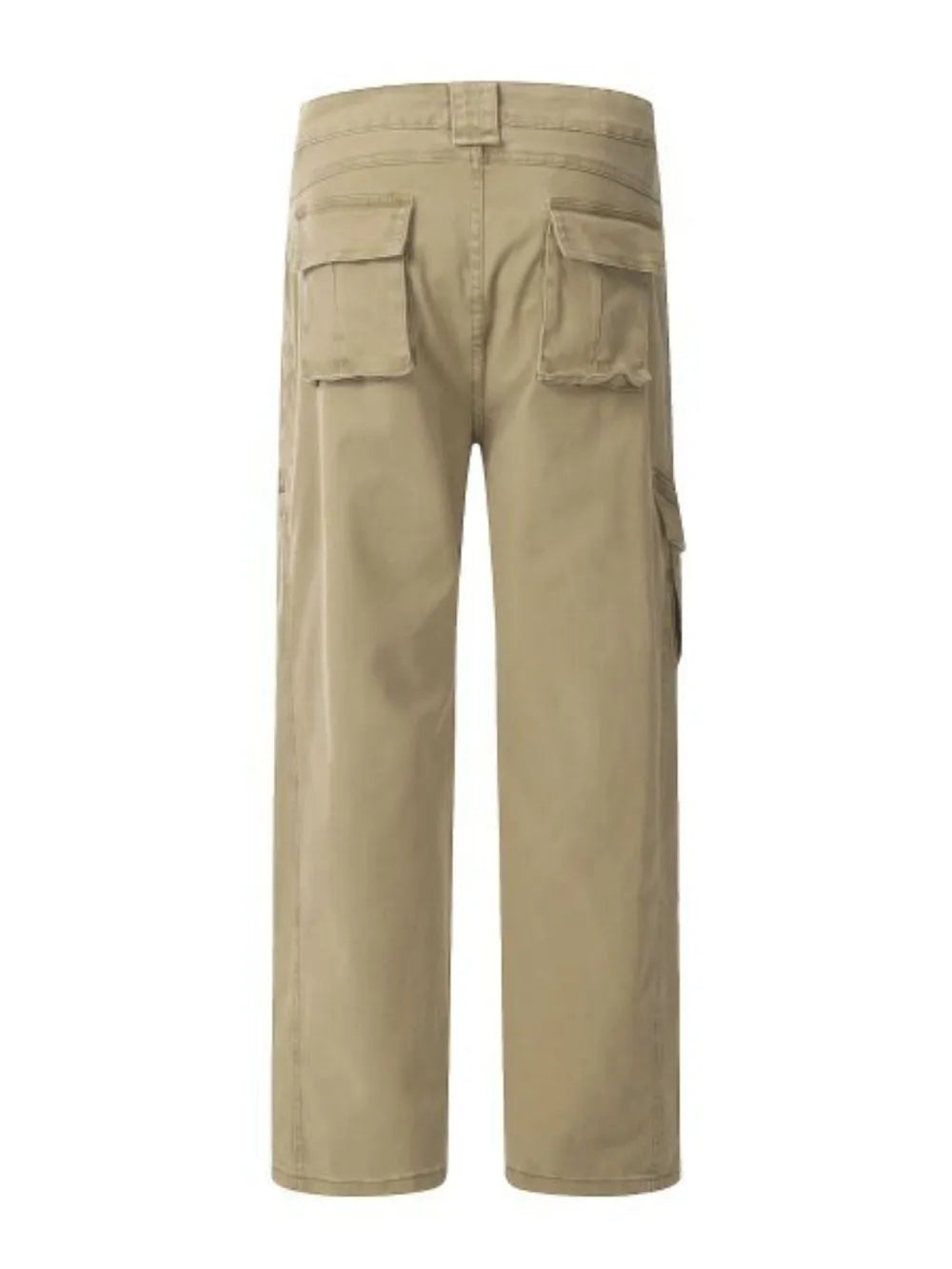Khaki utility cargo pants with wide legs and multiple pockets.