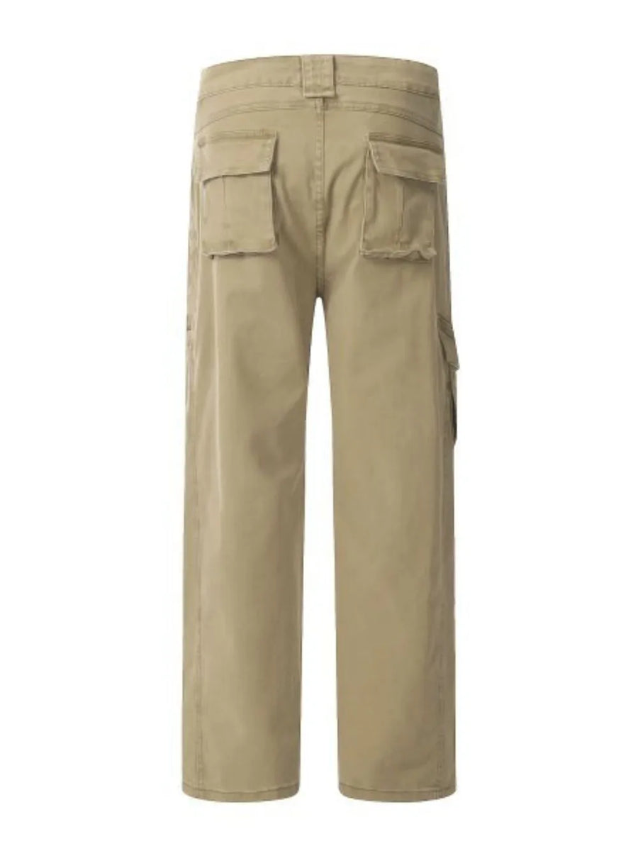 Khaki utility cargo pants with wide legs and multiple pockets.