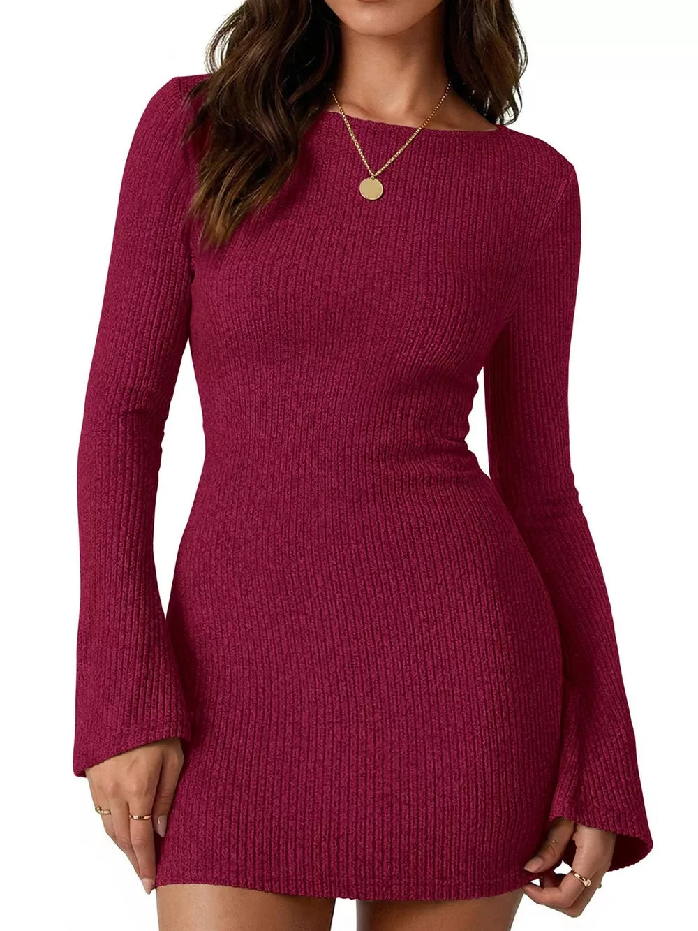 Red sweater dress with ribbed and long sleeve