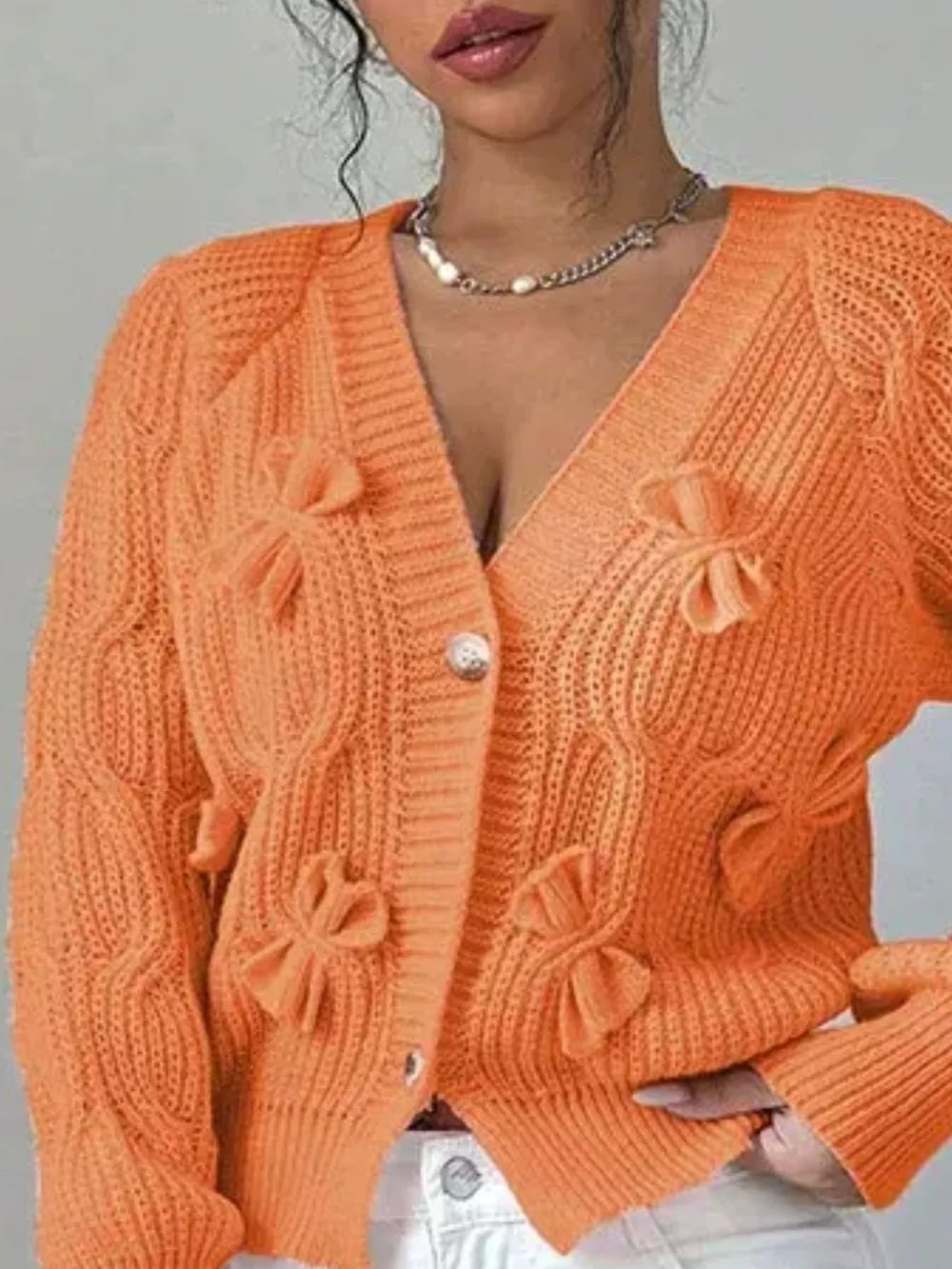 Bow Cable Knit V-neck Cardigan in Rose Red with cable knit