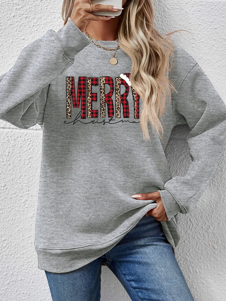 Gray graphic sweatshirt with "Merry Christmas" text in buffalo plaid and leopard print.
