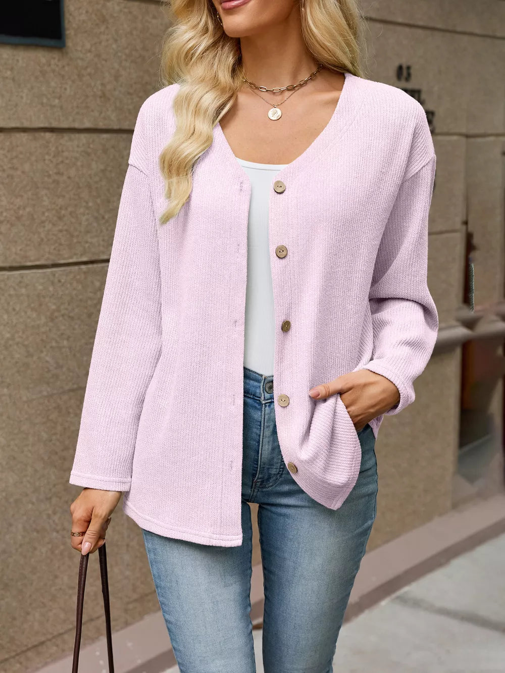 cardigan in Apricot with waffle-knit and hip-length