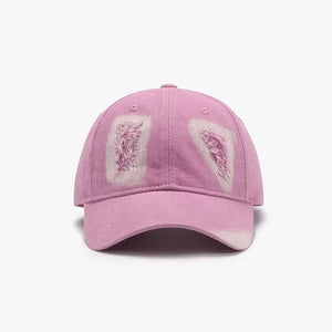 Lilac distressed denim baseball cap with patches