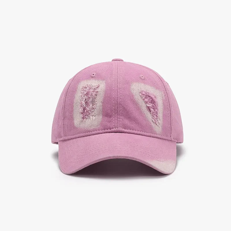 Lilac distressed denim baseball cap with patches