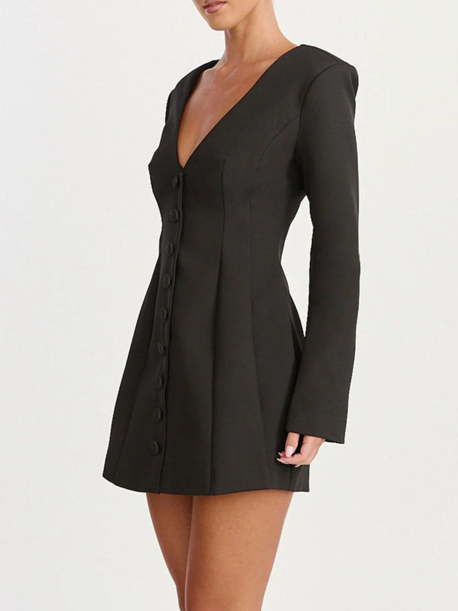 burgundy A-line blazer dress with deep v-neck