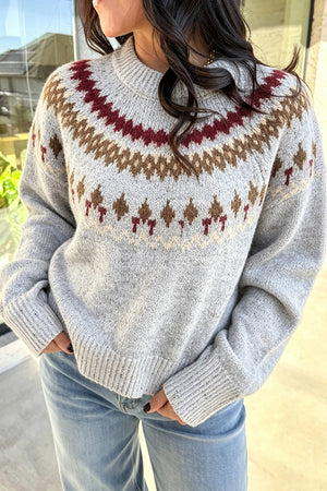 light gray pullover sweater with Fair Isle and crew neck