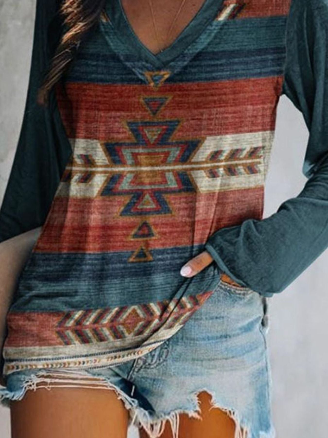 Geometric V-neck long sleeve t-shirt in multi-color with bohemian print.